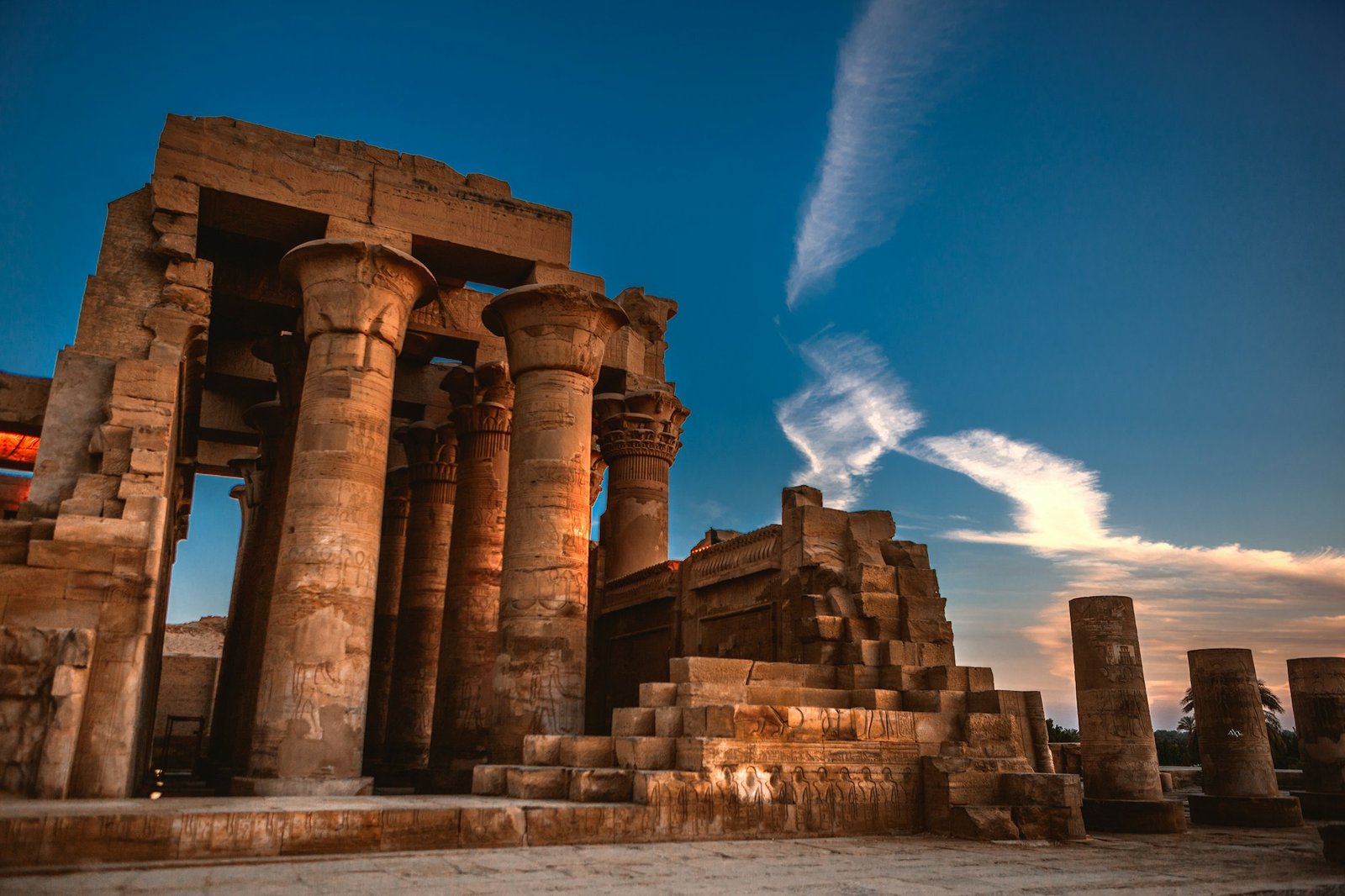 Minimizing vertical view of the Temple of Kom Ombo in Aswan, Egypt against a blue sky