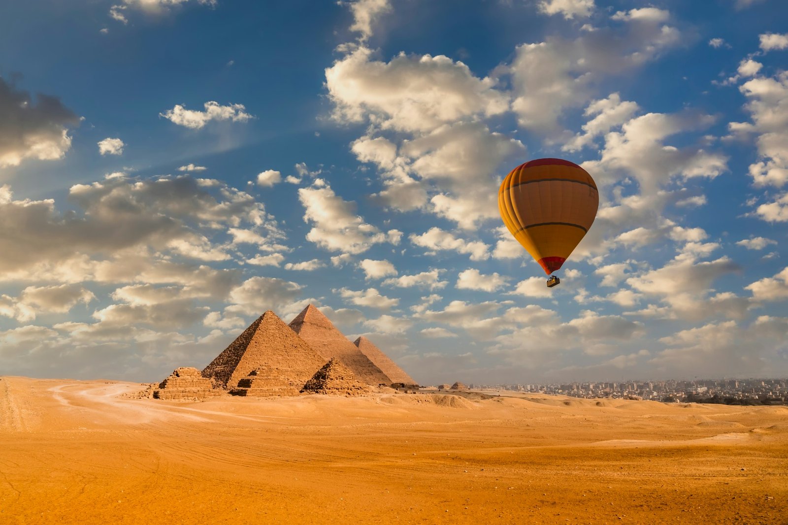 Sunset view of Pyramid complex of Giza, in Cairo, Egypt
